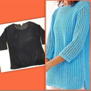 J JILL OPEN STITCH KNIT AEGEON BLUE TUNIC SWEATER